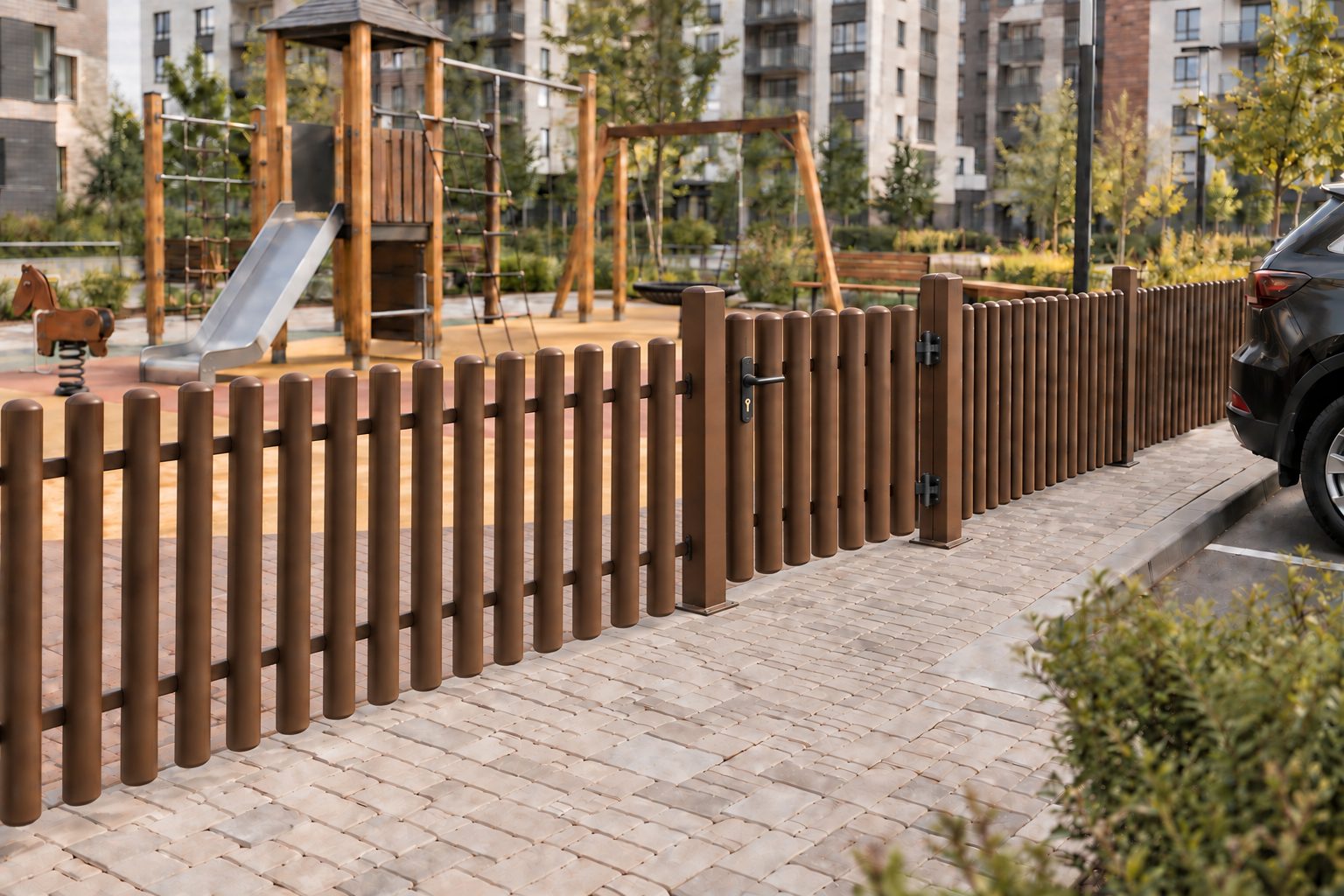 Линейка Urban — окрашенное ограждение с калиброванными деревянными цилиндрами и калиткой на брусчатке между детской площадкой и парковкой во дворе жилого комплекса